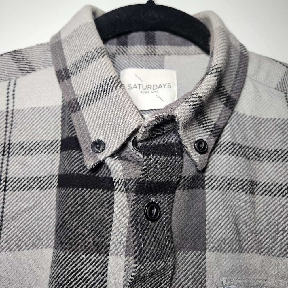 Saturdays Surf NYC Flannel Shirt Men's Gray Plaid Button Down Cotton Sz Medium - Picture 3 of 8